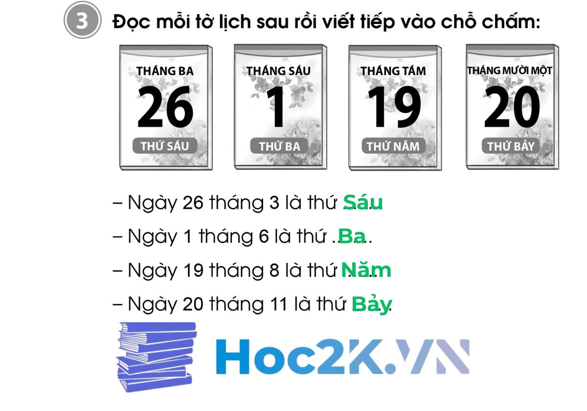 Bài 67: Các ngày trong tuần lễ trang 58,59 - Hình 6