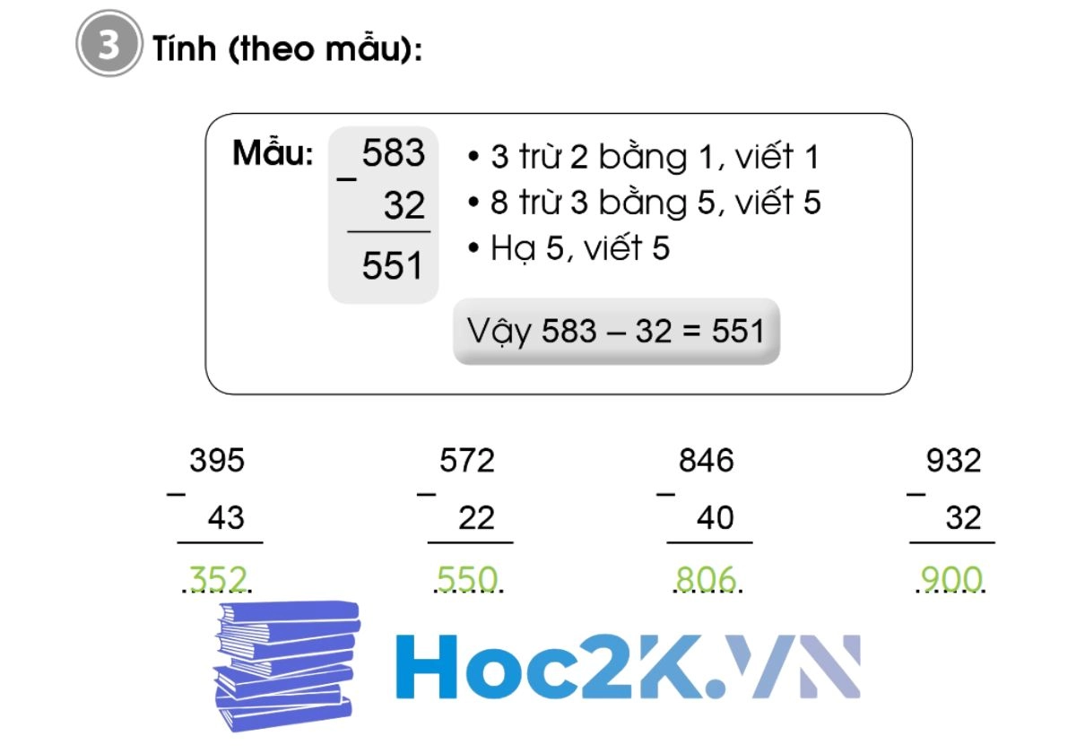 Bài 80: Phép trừ (không nhớ) trong phạm vi 1000 - Hình 6 Bài 80: Phép trừ (không nhớ) trong phạm vi 1000 - Hình 6