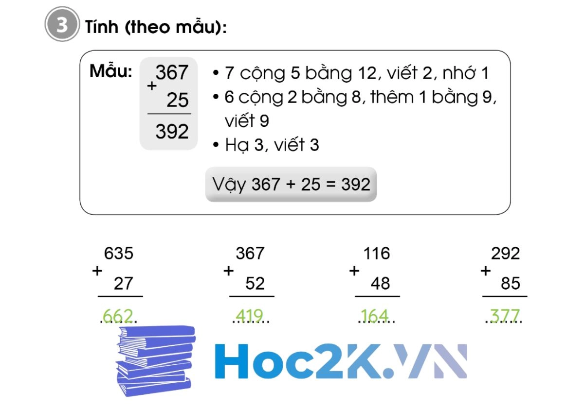Bài 84: Phép cộng (có nhớ) trong phạm vi 1000 - Hình 6 Bài 84: Phép cộng (có nhớ) trong phạm vi 1000 - Hình 6