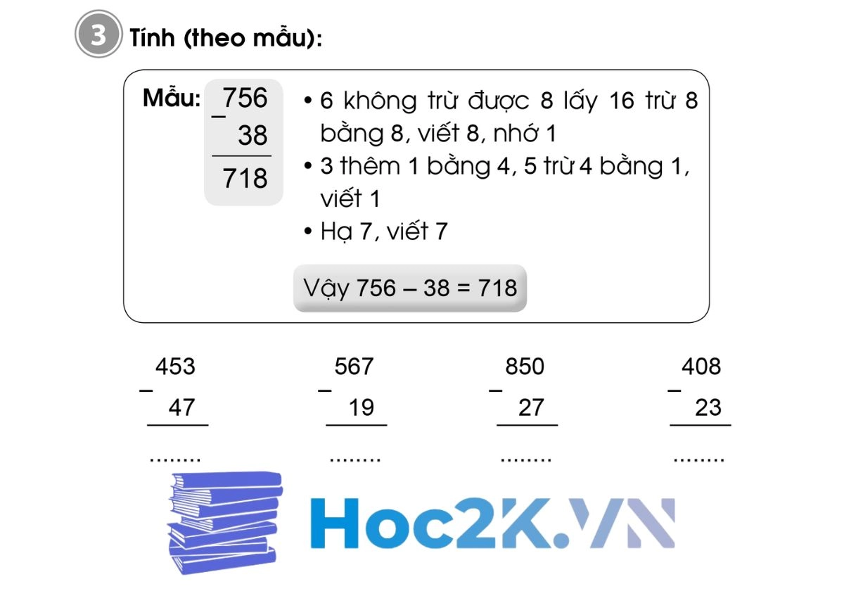 Bài 86: Phép trừ (có nhớ) trong phạm vi 1000 - Hình 5 Bài 86: Phép trừ (có nhớ) trong phạm vi 1000 - Hình 5